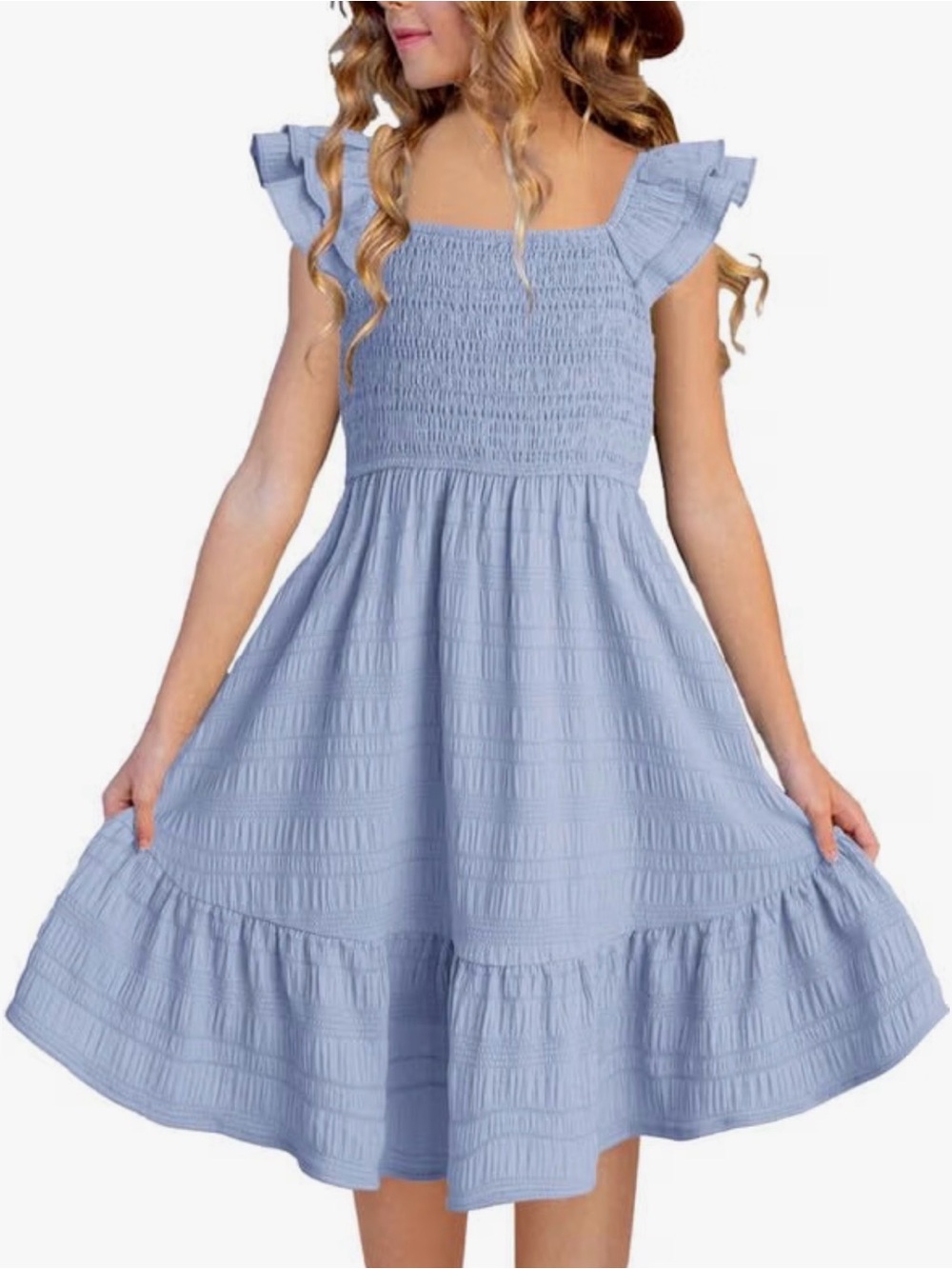 Girls Light Blue Smocked Ruffle Maxi Dress Med/12-14 Flutter Sleeve Cottagecore